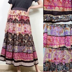 SOFT SURROUNDINGS BOHO BOHEMIAN LINED TAN PURPLE MAXI SKIRT P M PETITE MEDIUM